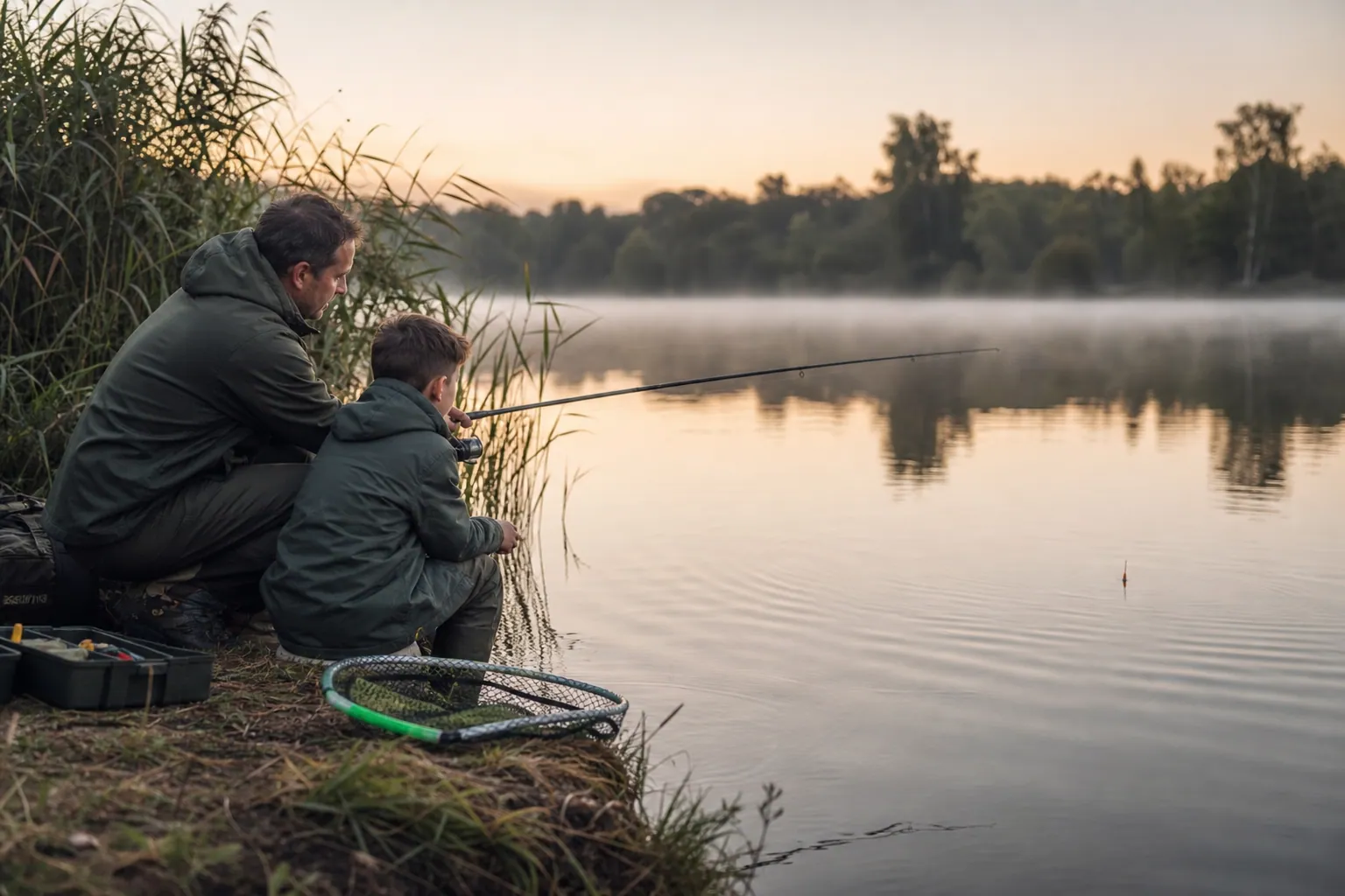 Pêcheur et enfant observant un flotteur sur une berge calme au petit matin.