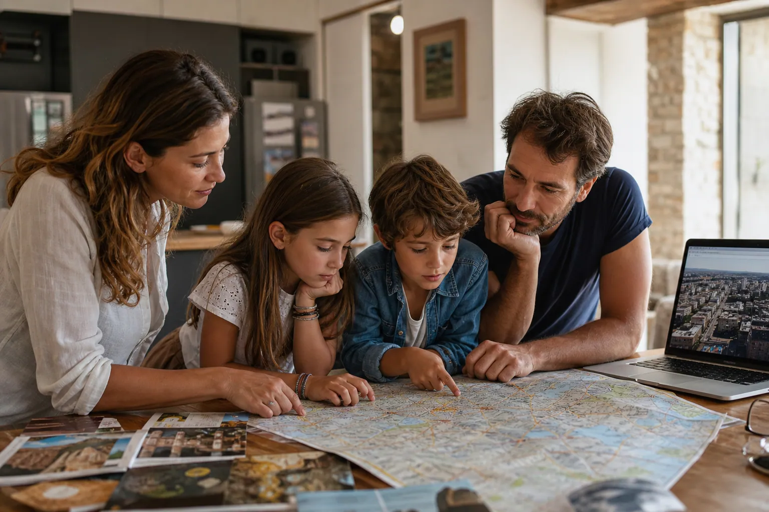 Famille française préparant des vacances culturelles autour d'une table avec cartes et brochures