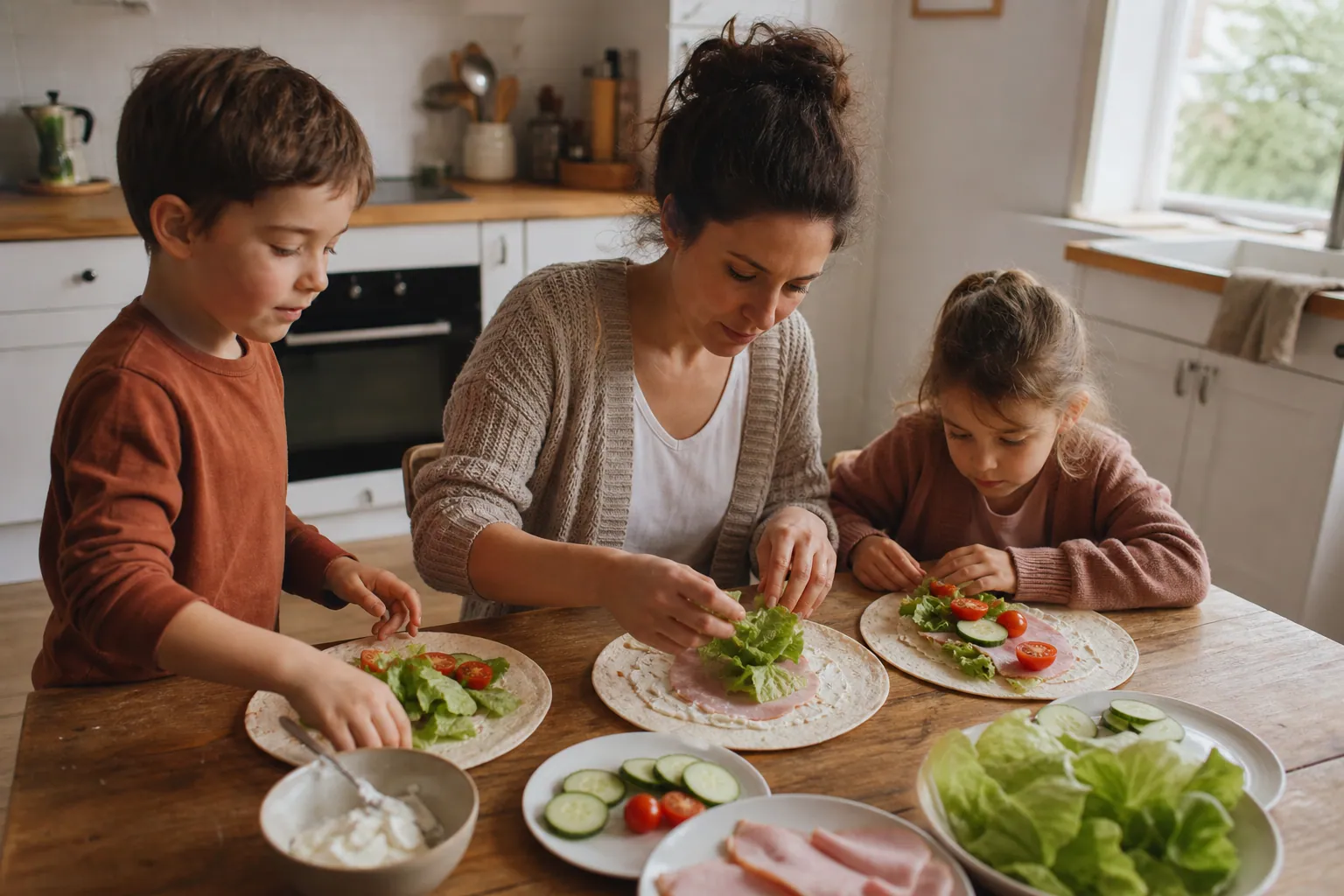 Wraps au jambon et au Boursin préparés en famille sur une table de cuisine
