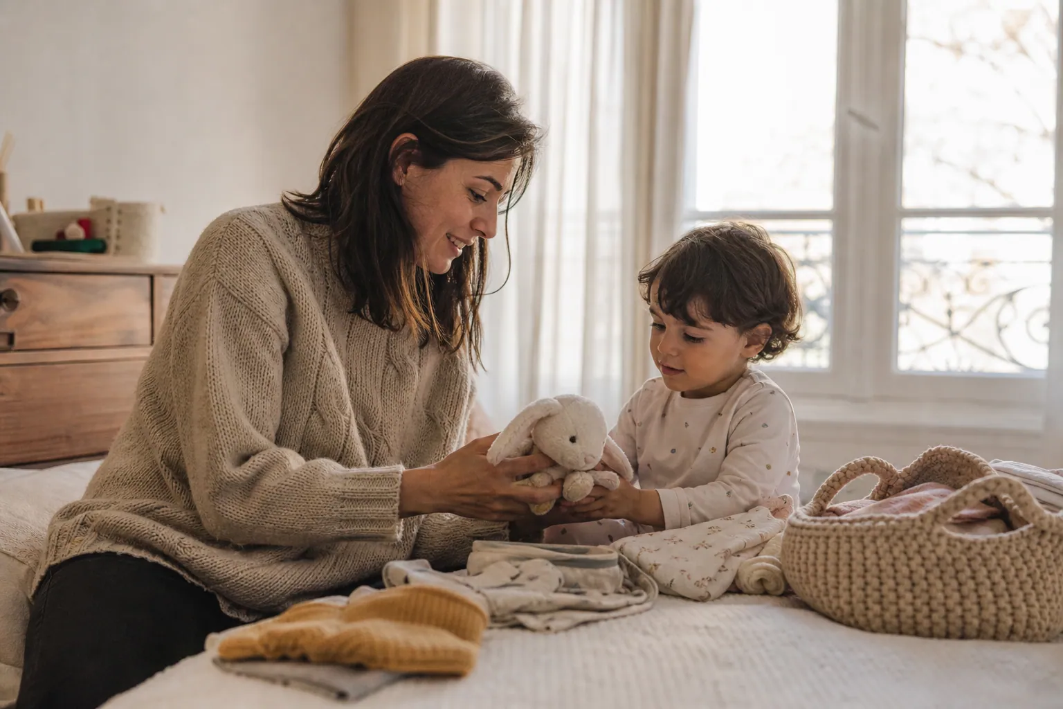 Parent et enfant préparant ensemble l’arrivée d’un bébé dans une chambre douce et lumineuse.