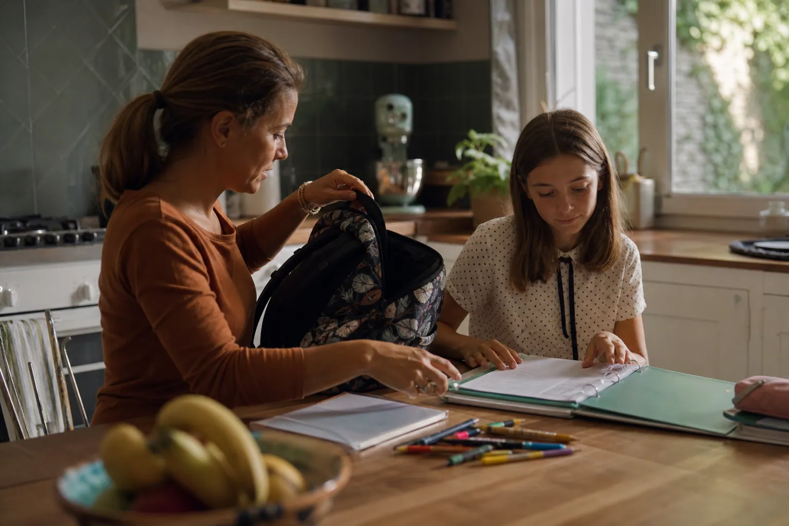 Parent aidant son enfant à préparer son sac avant la rentrée en 6e, dans une cuisine lumineuse.