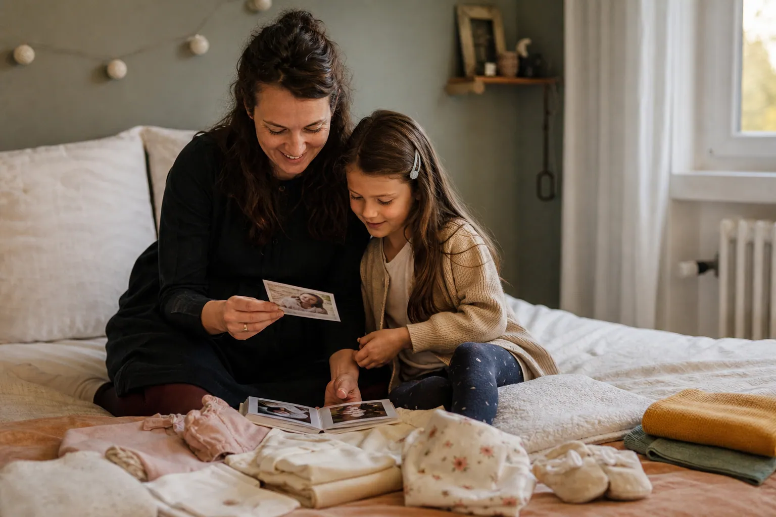 Parent et enfant feuilletant un album et préparant des affaires de bébé à la maison.