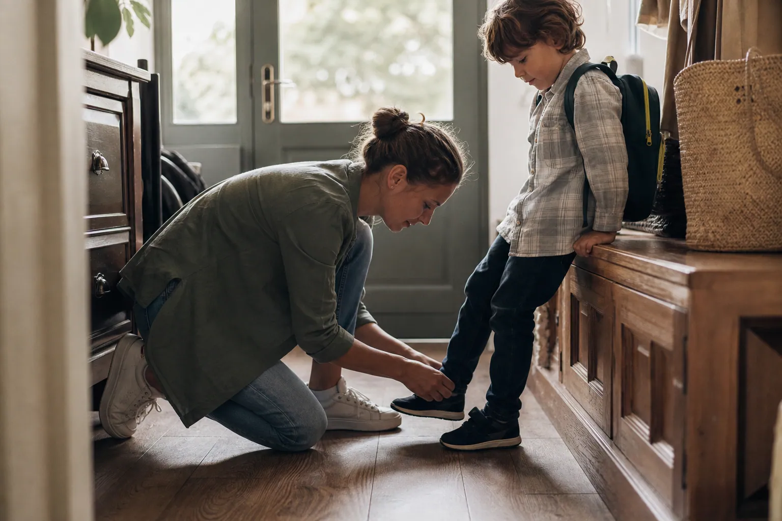 Parent aidant son enfant à s’habiller avant la rentrée en maternelle