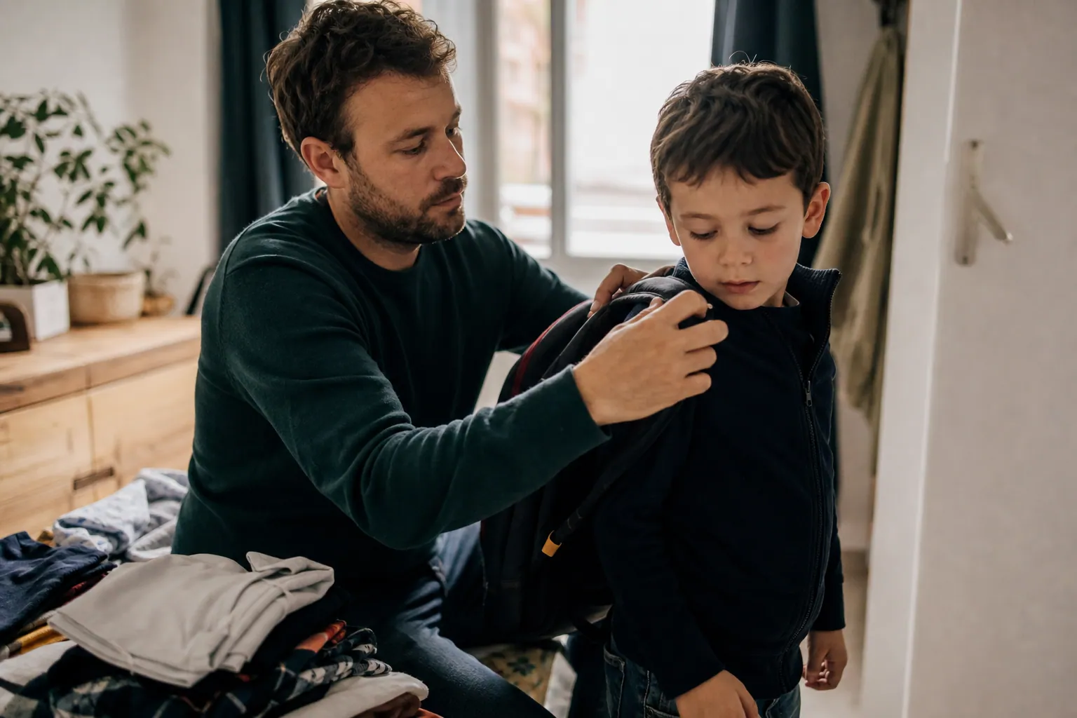 Parent aidant son enfant à préparer son sac et ses vêtements le matin