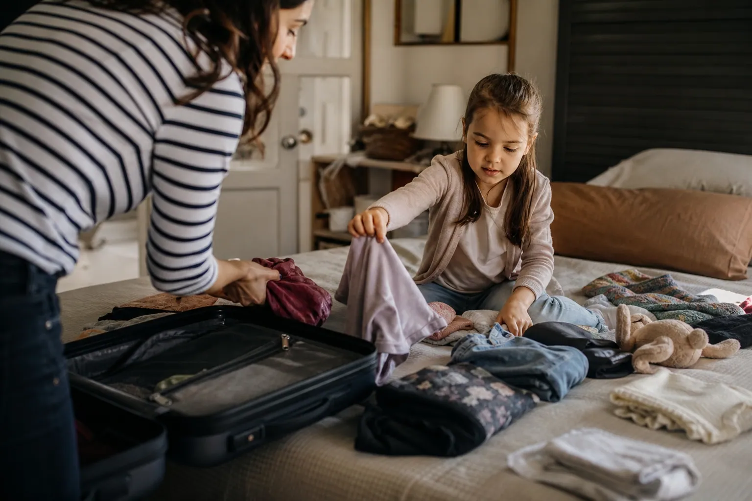 Parent et enfant préparant ensemble la valise avant le départ en colonie de vacances.
