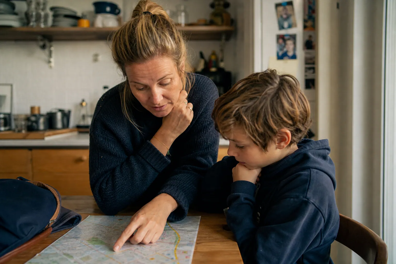 Parent rassurant son enfant en préparant le changement d’école à la maison