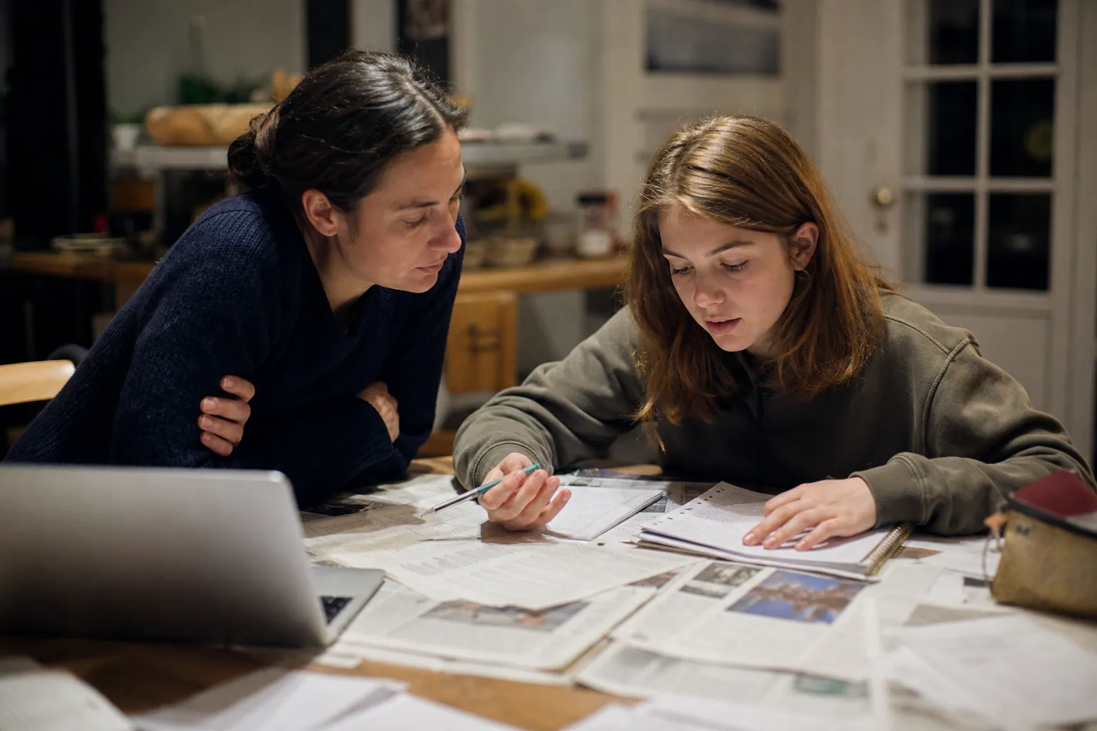Un lycéen prépare Sciences Po à la maison, avec un parent à ses côtés.