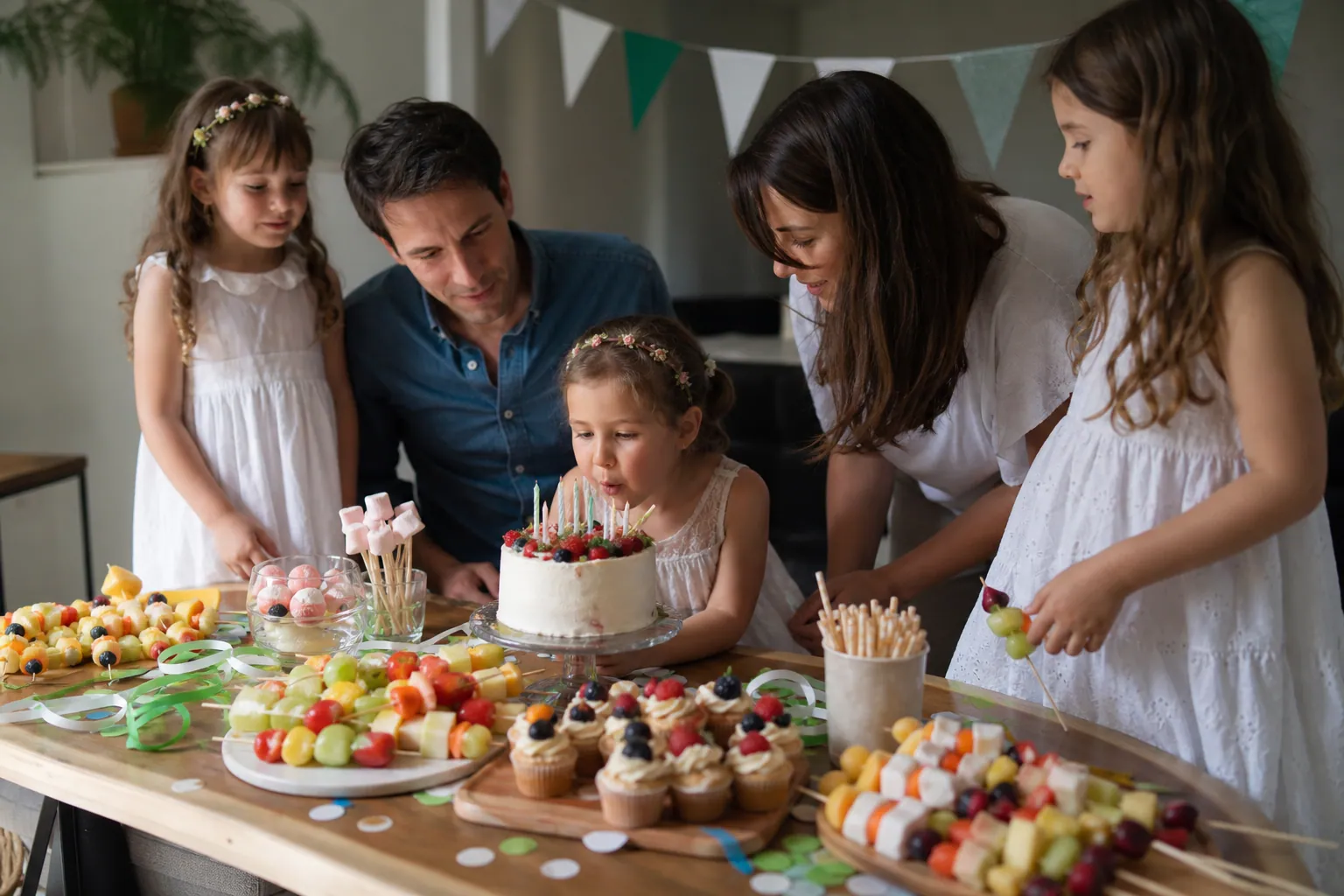 Goûter d’anniversaire familial original avec gâteau, fruits et décorations colorées