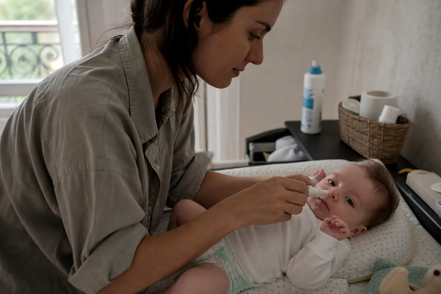 Parent lavant le nez d’un bébé sur une table à langer, dans une ambiance douce et rassurante.