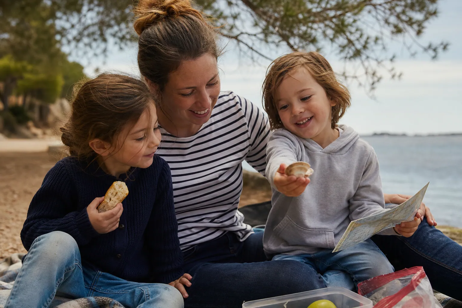 Parent seul avec deux enfants en pique-nique, dans une ambiance de vacances apaisée.