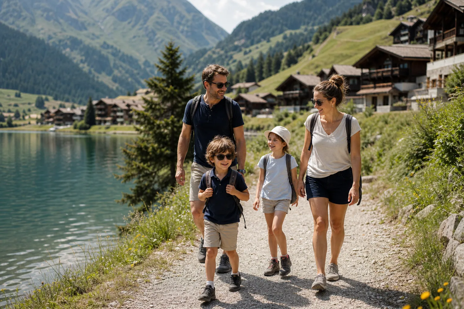 Famille française en balade au bord d’un lac alpin avec les montagnes en été.