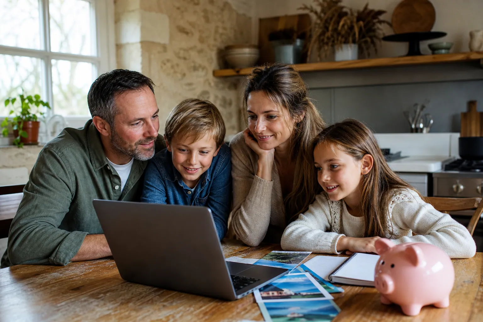 Famille française préparant ses vacances d’été autour d’une table avec ordinateur et brochures