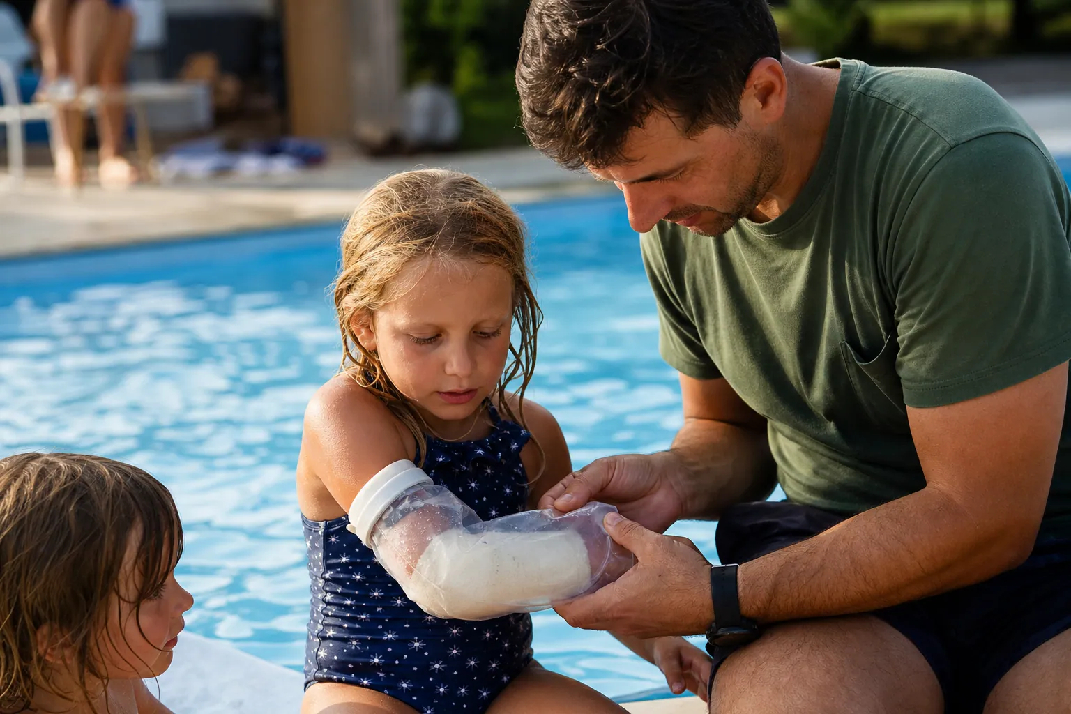 Parent vérifiant la protection étanche d’un plâtre au bras au bord d’une piscine