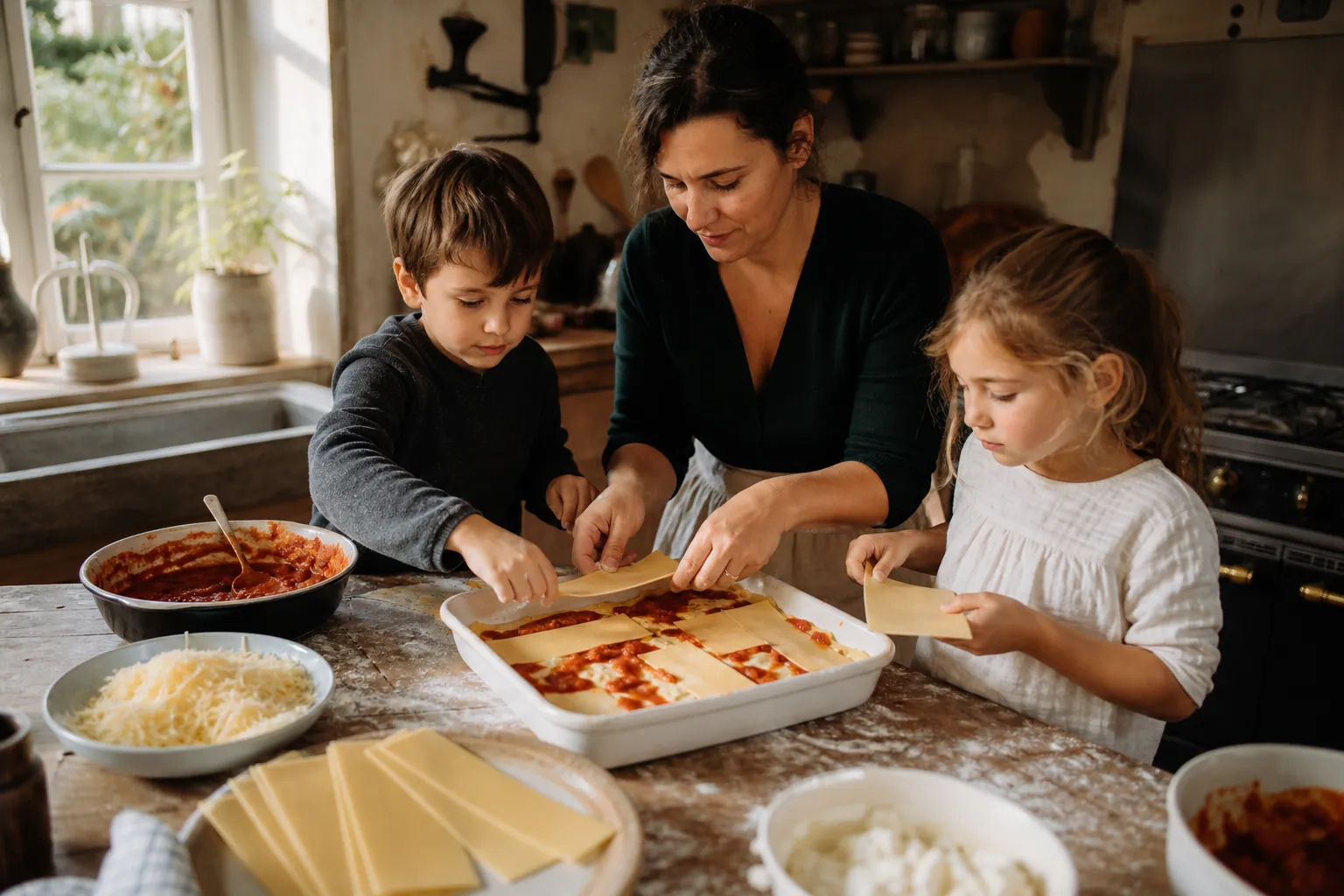 Famille préparant des lasagnes maison dans une cuisine lumineuse