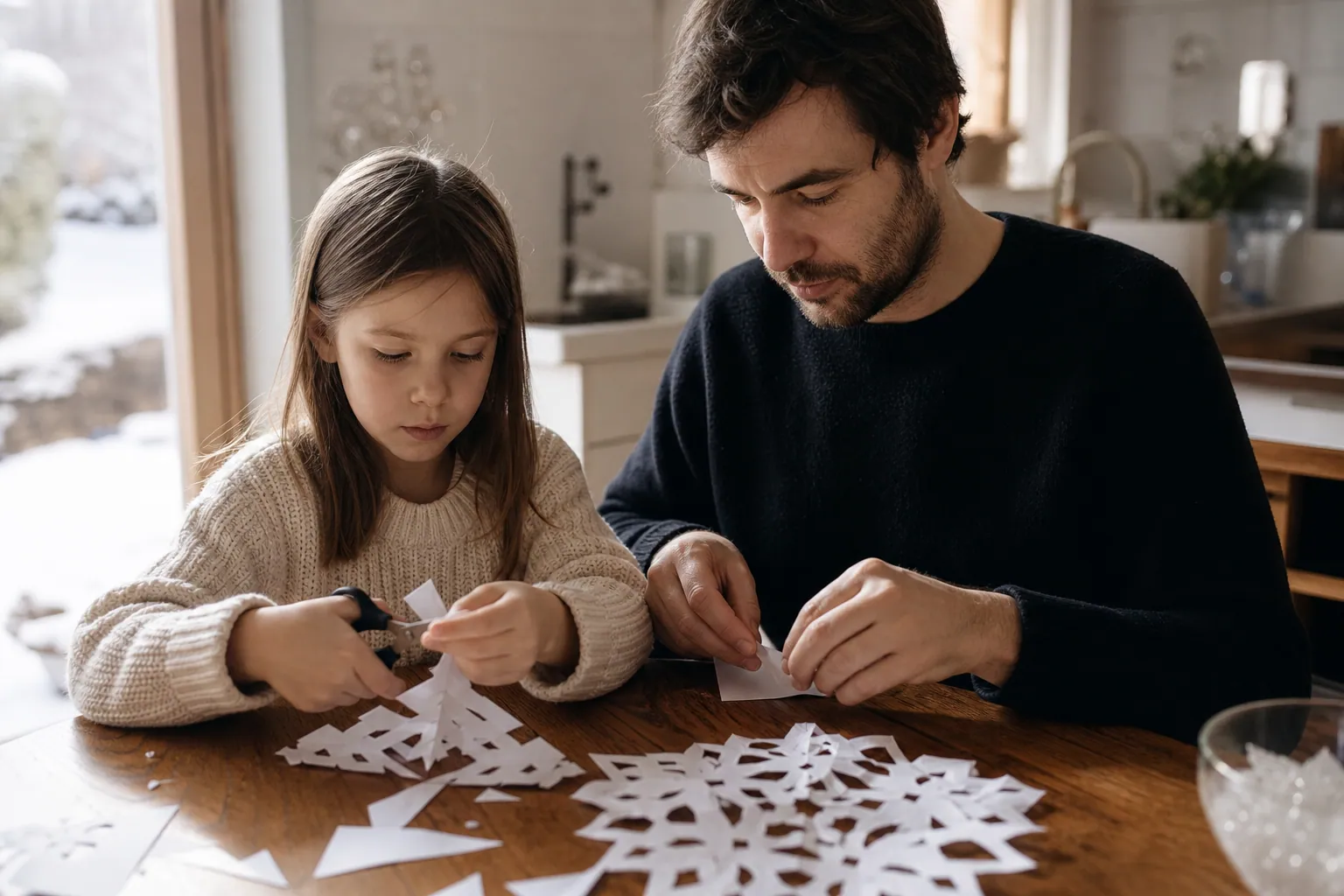 Un parent et un enfant fabriquent un flocon de neige en papier à la maison.