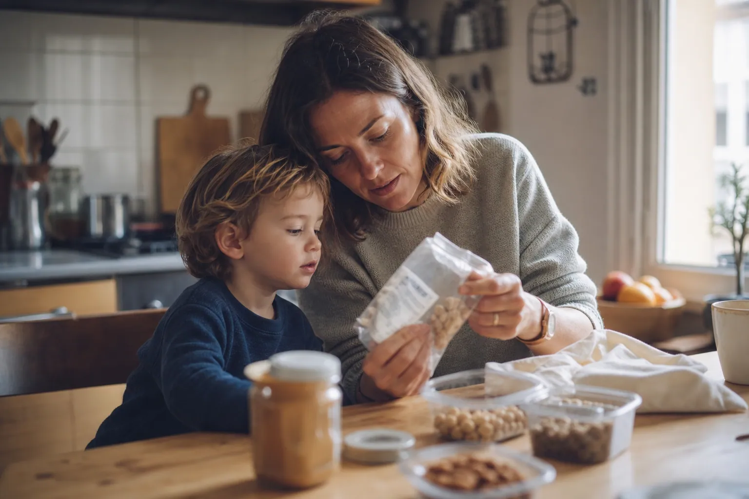 Parent et enfant lisant une étiquette alimentaire dans une cuisine lumineuse