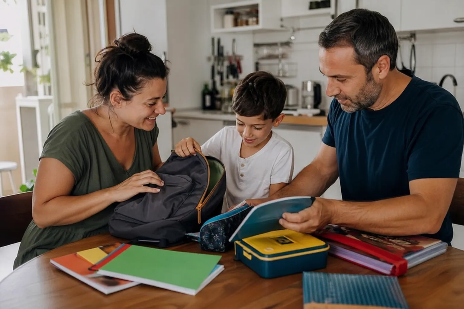 Parents et enfant préparent ensemble le cartable et les fournitures avant la rentrée.