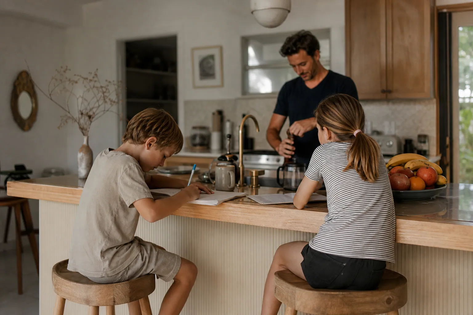 Bar de cuisine ouverte chaleureux avec parents et enfants au quotidien