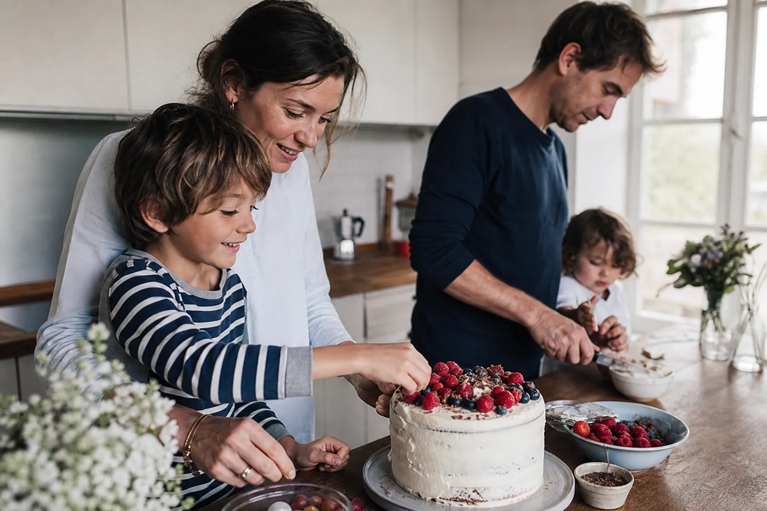 Famille française décorant un gâteau d’anniversaire maison dans une cuisine lumineuse