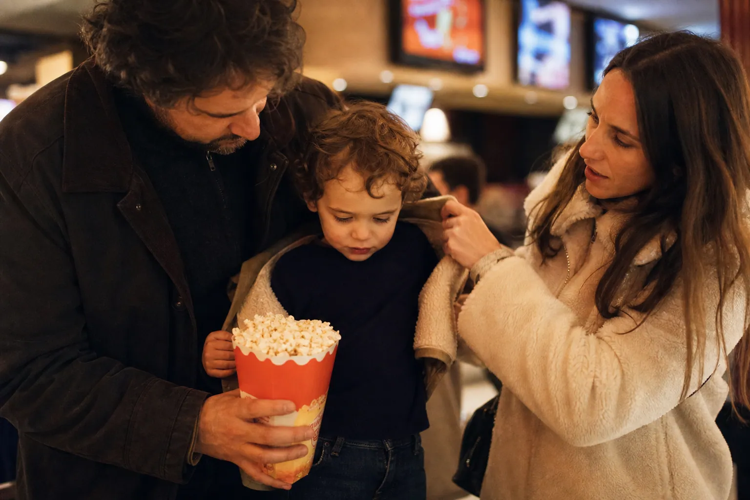 Famille française se préparant pour une première séance de cinéma avec un jeune enfant