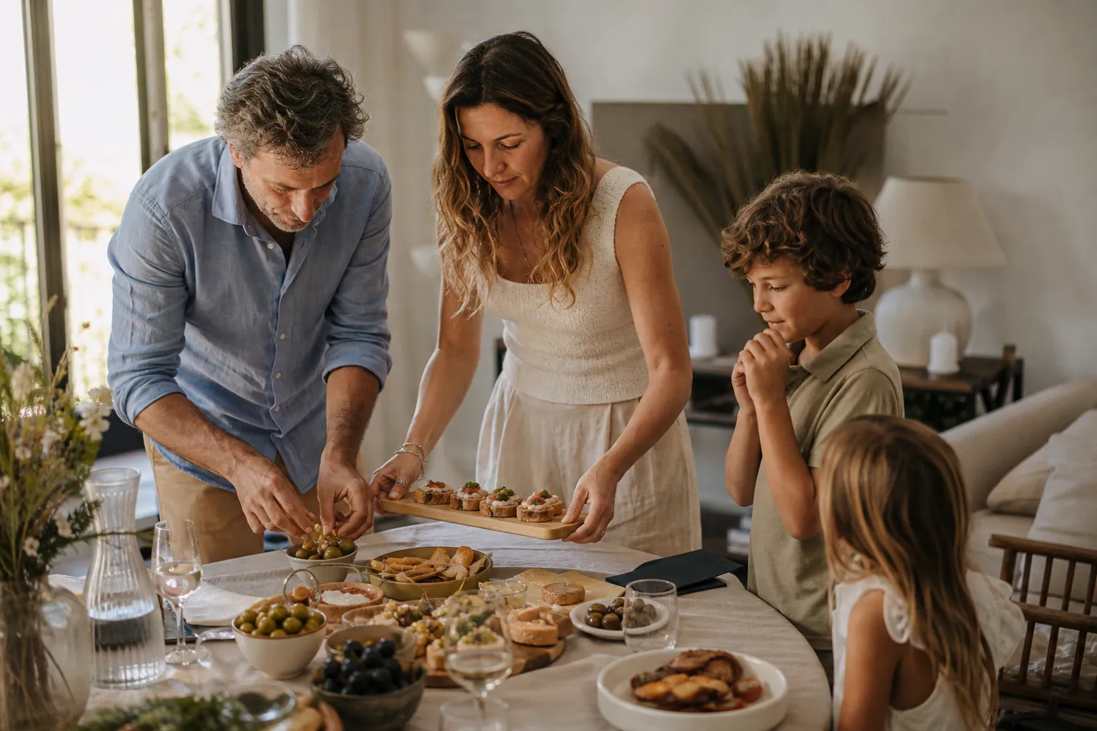 Famille française autour d’un apéritif chic, table dressée avec élégance