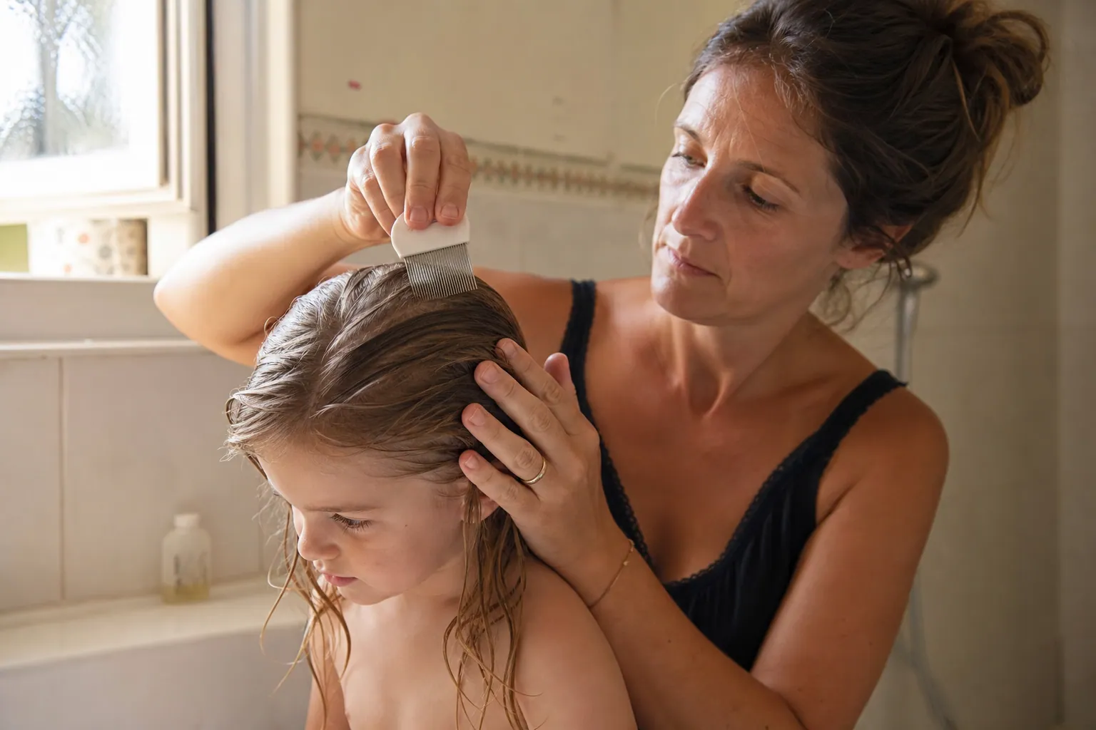 Mère peignant soigneusement les cheveux mouillés de son enfant avec un peigne fin
