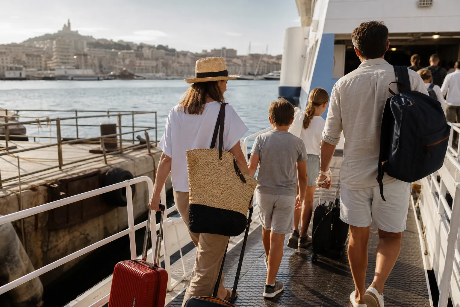 Une famille embarque sur un ferry à Marseille pour rejoindre Ibiza.