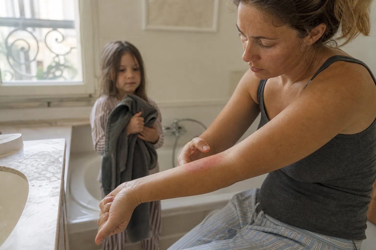 Une mère observe une rougeur sur l’avant-bras après un produit à base de cire.