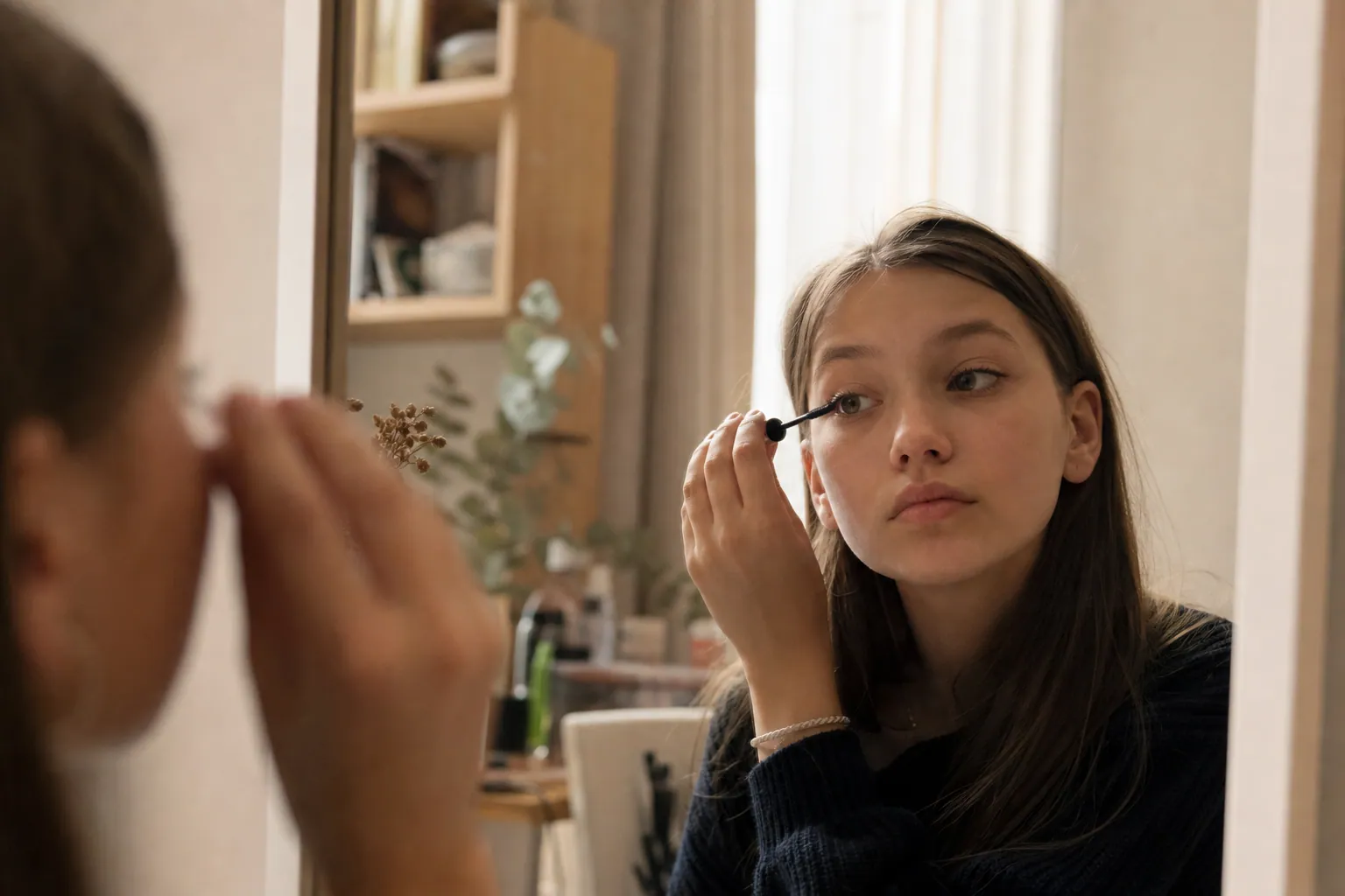 Ado se maquillant les yeux devant un miroir avec un rendu naturel et discret.