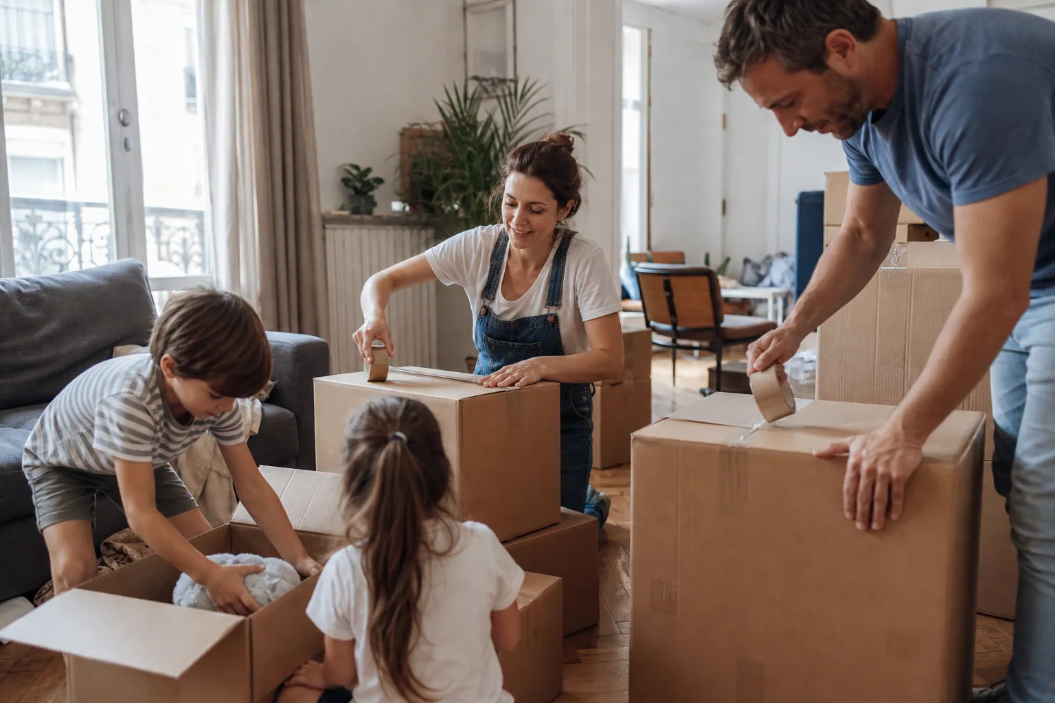 Famille française qui prépare des cartons dans un salon lumineux avant un déménagement