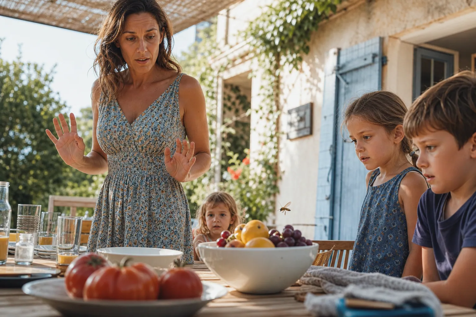 Famille française en terrasse, un parent calme face à une guêpe près du repas.