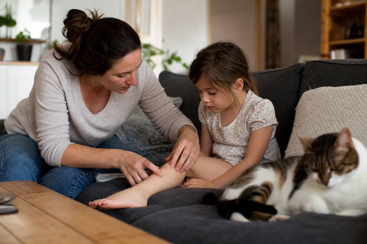 Parent examinant la cheville d’un enfant près d’un chat, dans un salon familial.