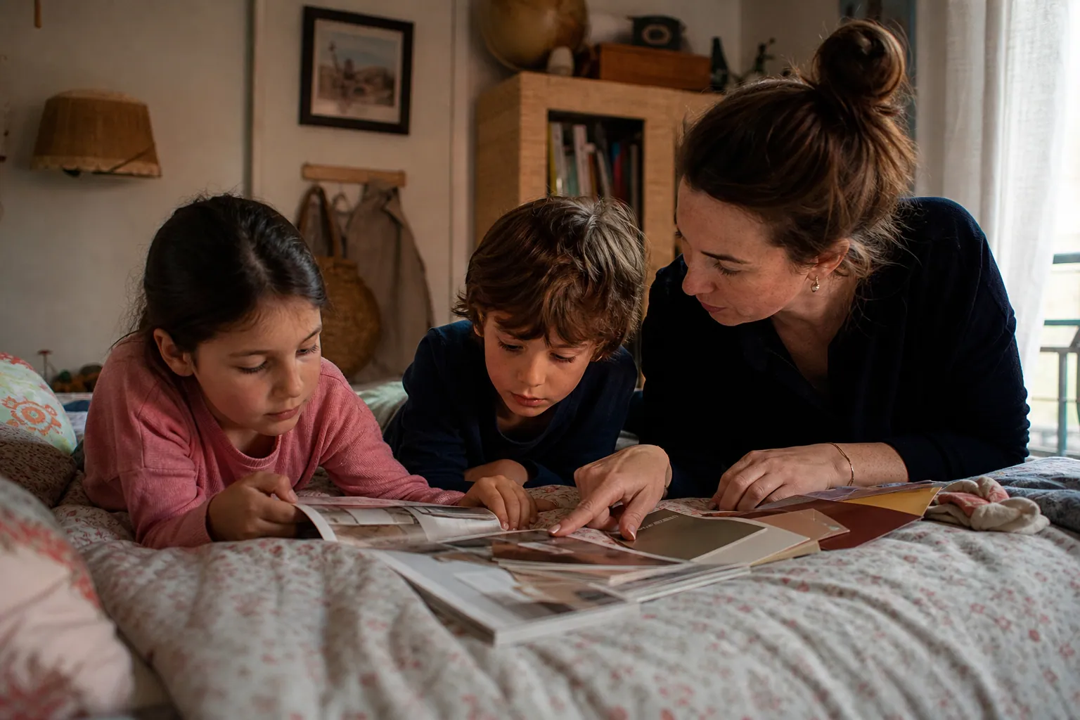 Parent et enfants feuilletant un magazine déco dans une chambre d’enfant chaleureuse