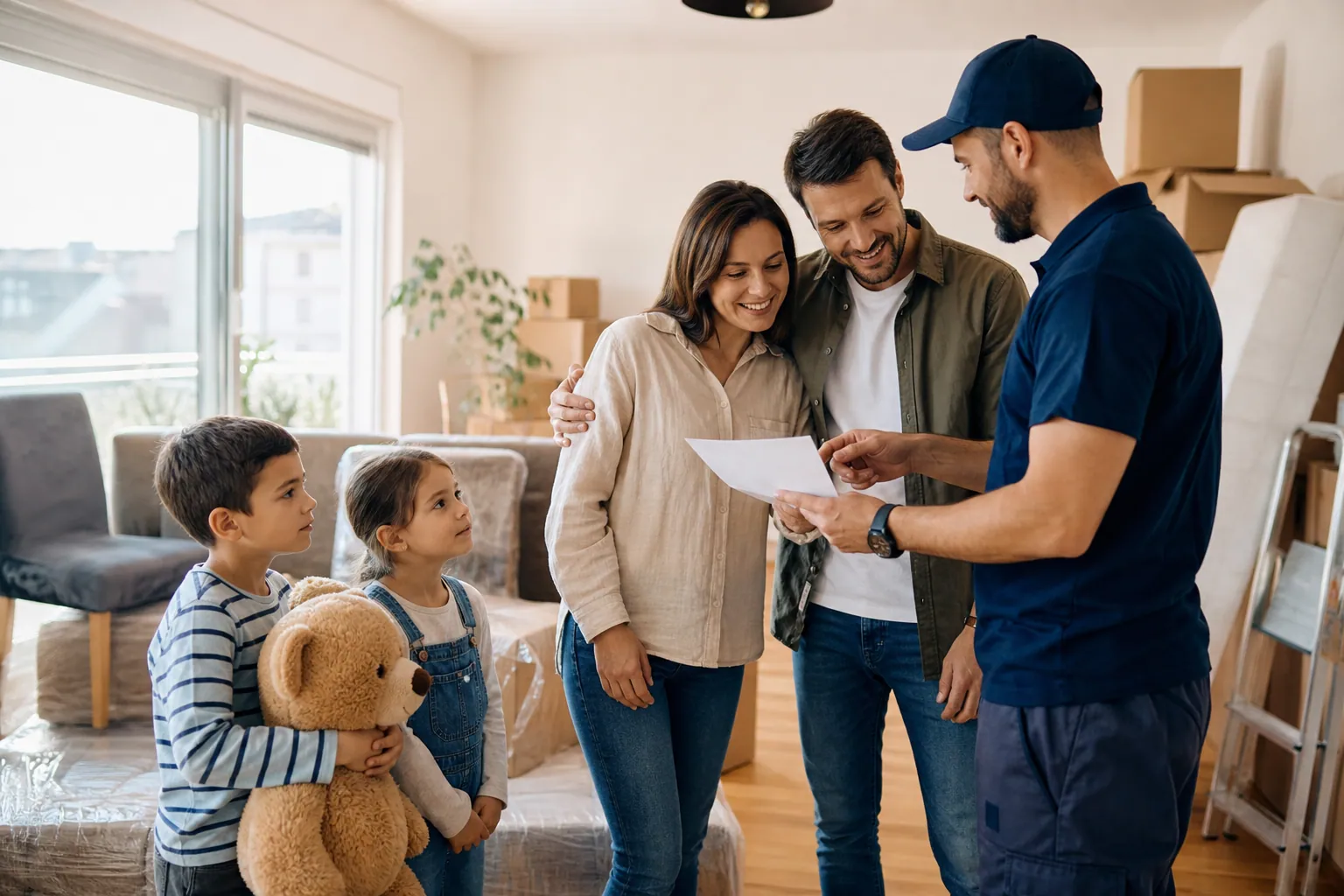 Une famille française échange avec un déménageur parmi des cartons dans un salon lumineux.