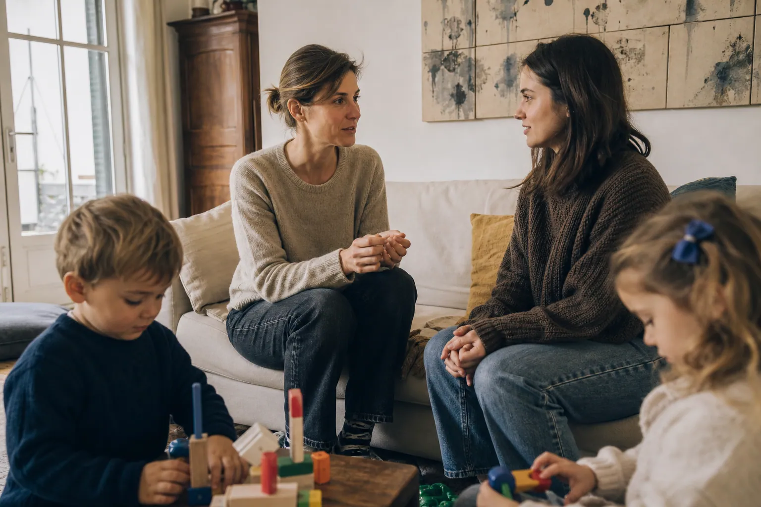 Une mère présente les consignes à une babysitter dans le salon, pendant que deux enfants jouent.