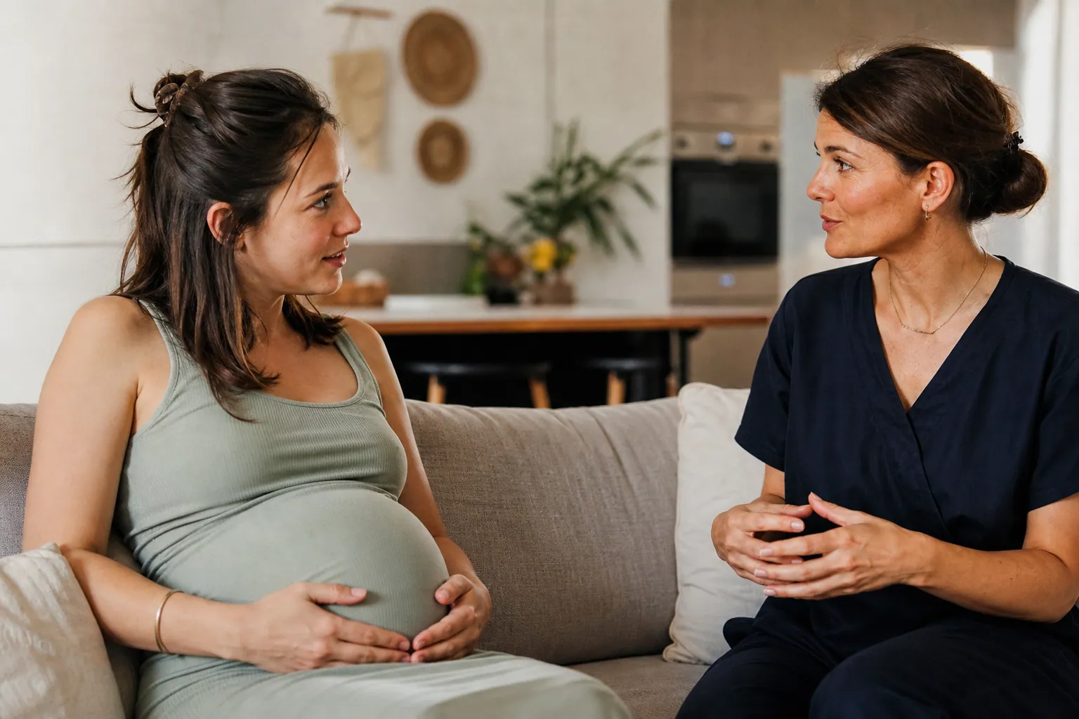 Femme enceinte discutant d’exercices du périnée avec une sage-femme à la maison.