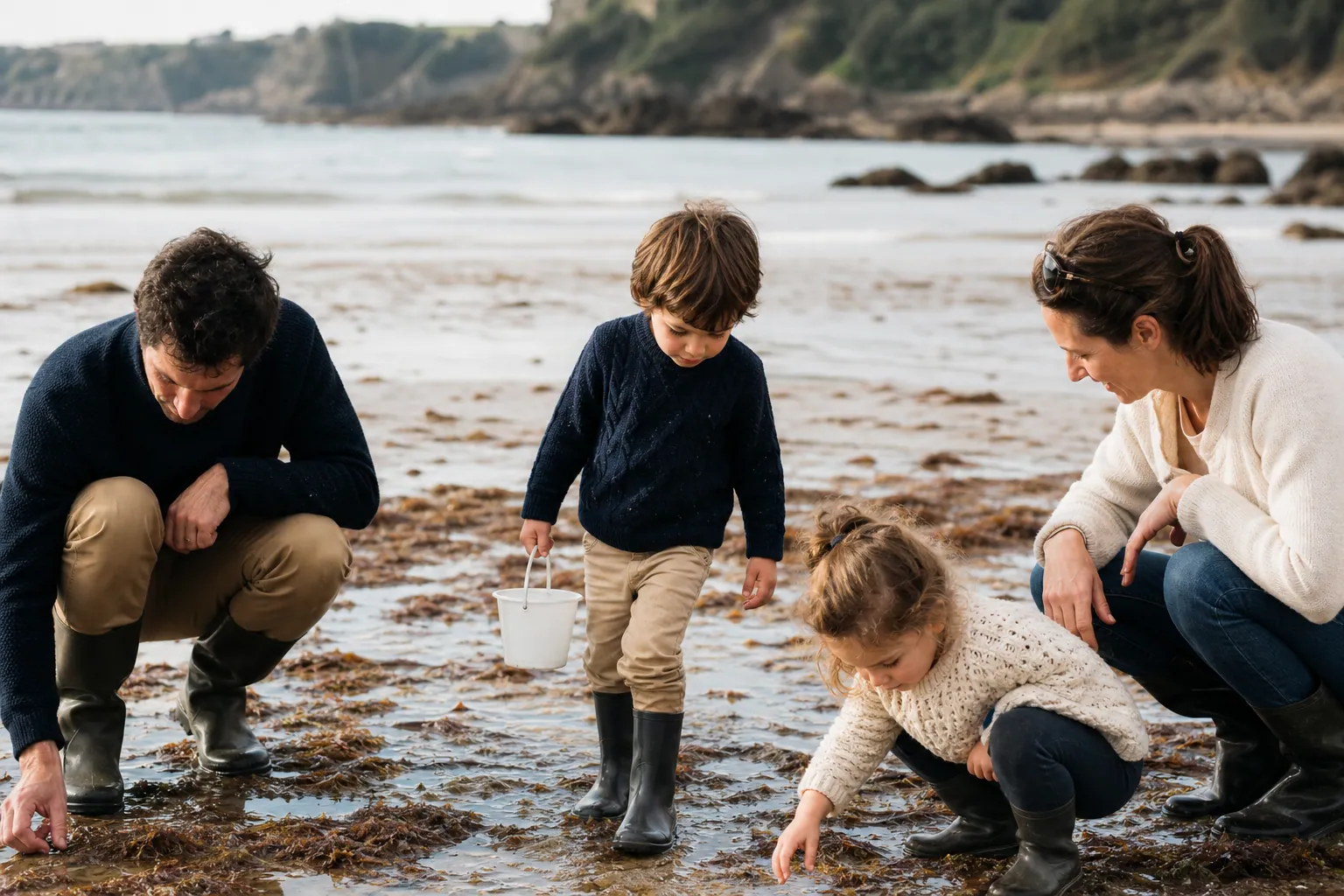 Famille marchant sur une plage bretonne à marée basse avec des enfants