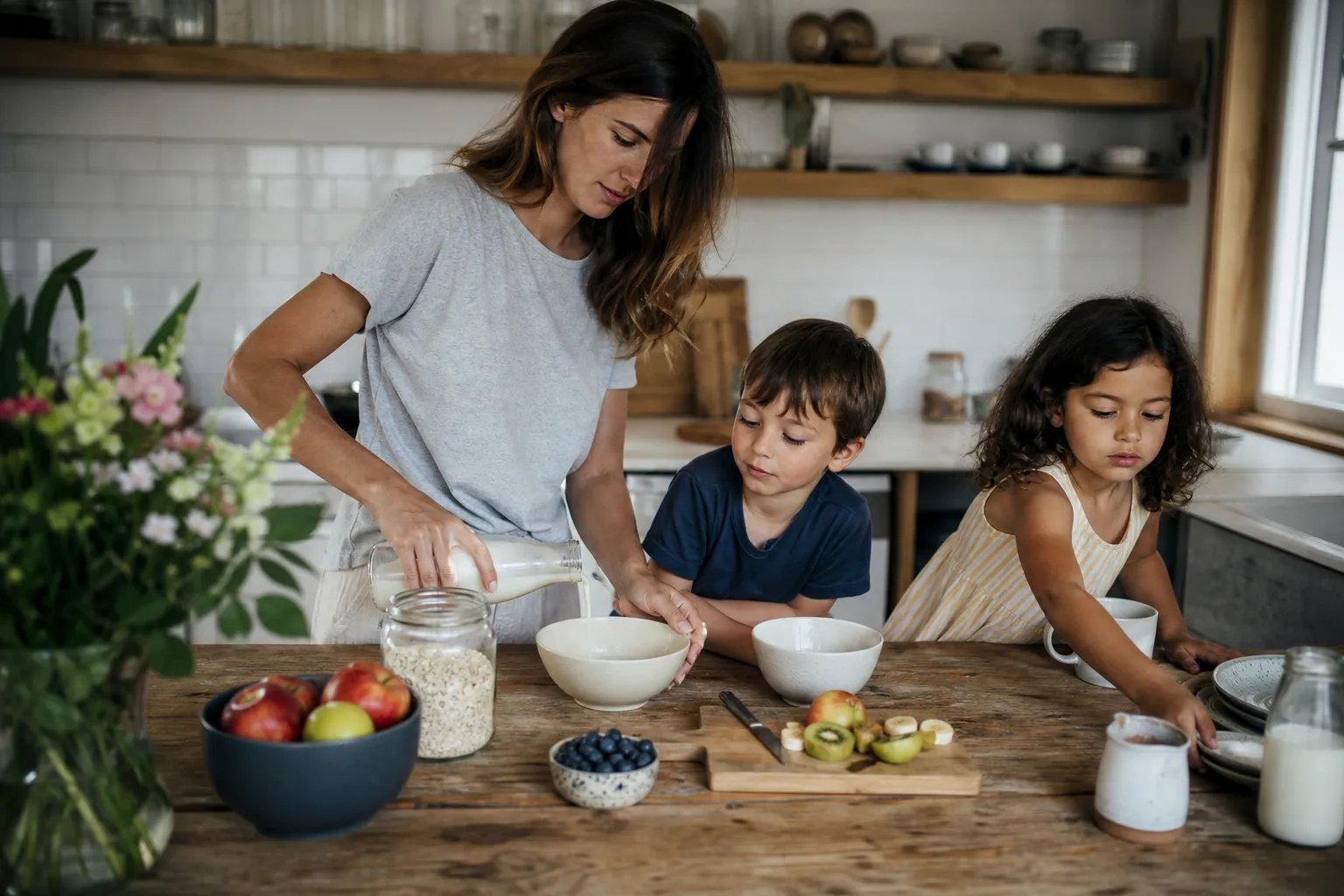 Famille française préparant un repas sans lactose dans une cuisine lumineuse