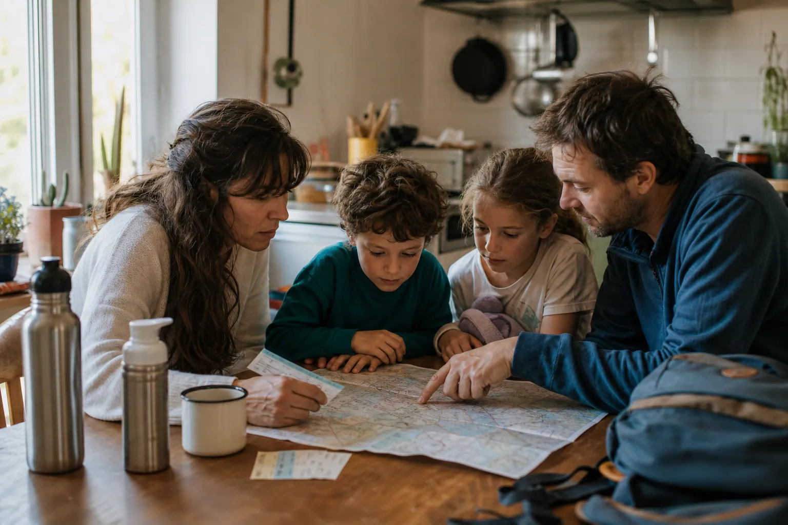 Une famille prépare un voyage plus lent autour d’une table avec carte et billets de train.