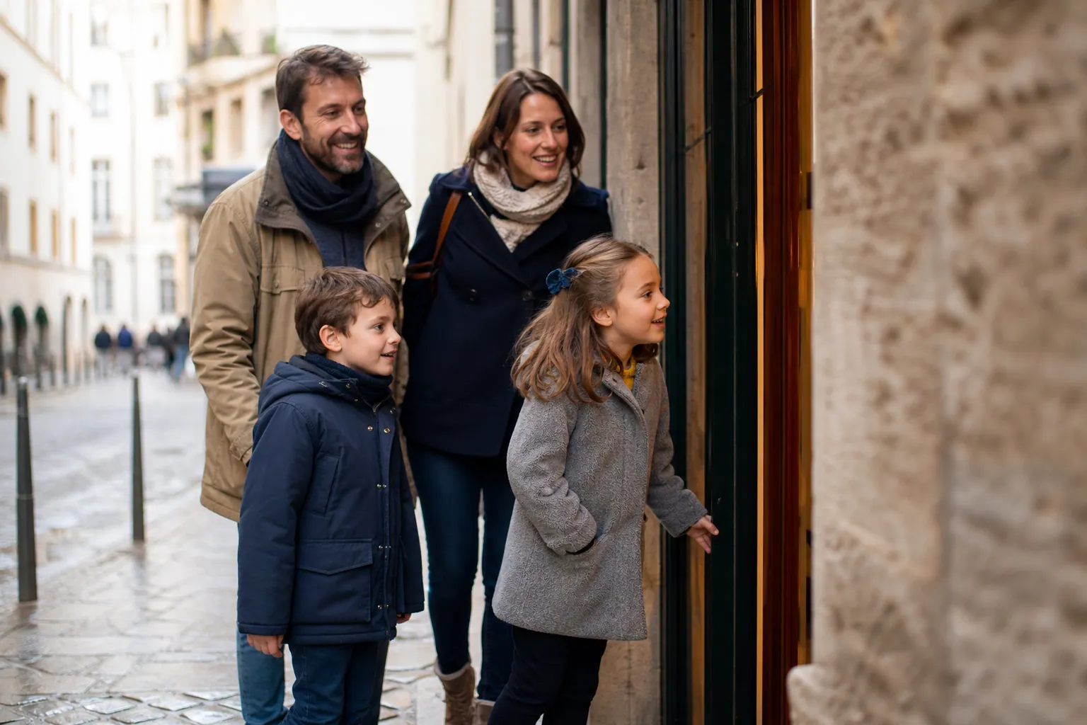 Famille lyonnaise souriante à l’entrée d’un théâtre pour enfants