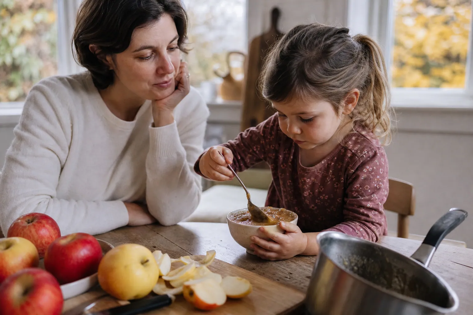 Un enfant remue une compote de pommes maison dans un bol, à côté de pommes fraîches et d'une casserole.