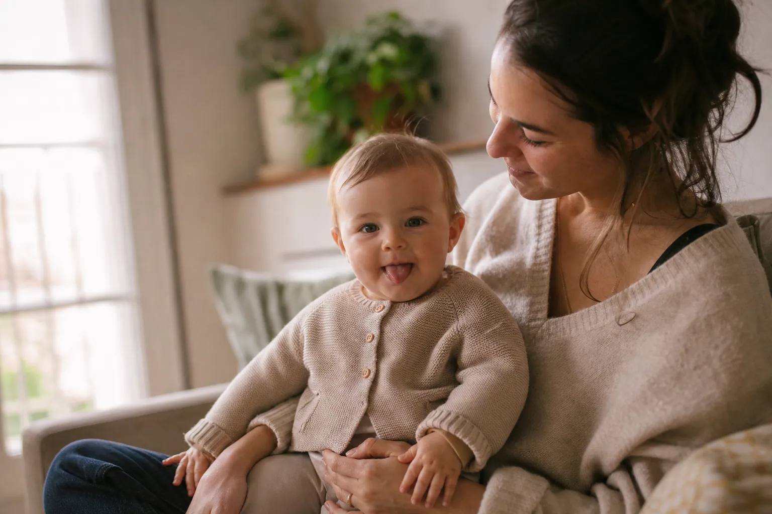 Parent observant son bébé qui tire la langue dans un intérieur chaleureux