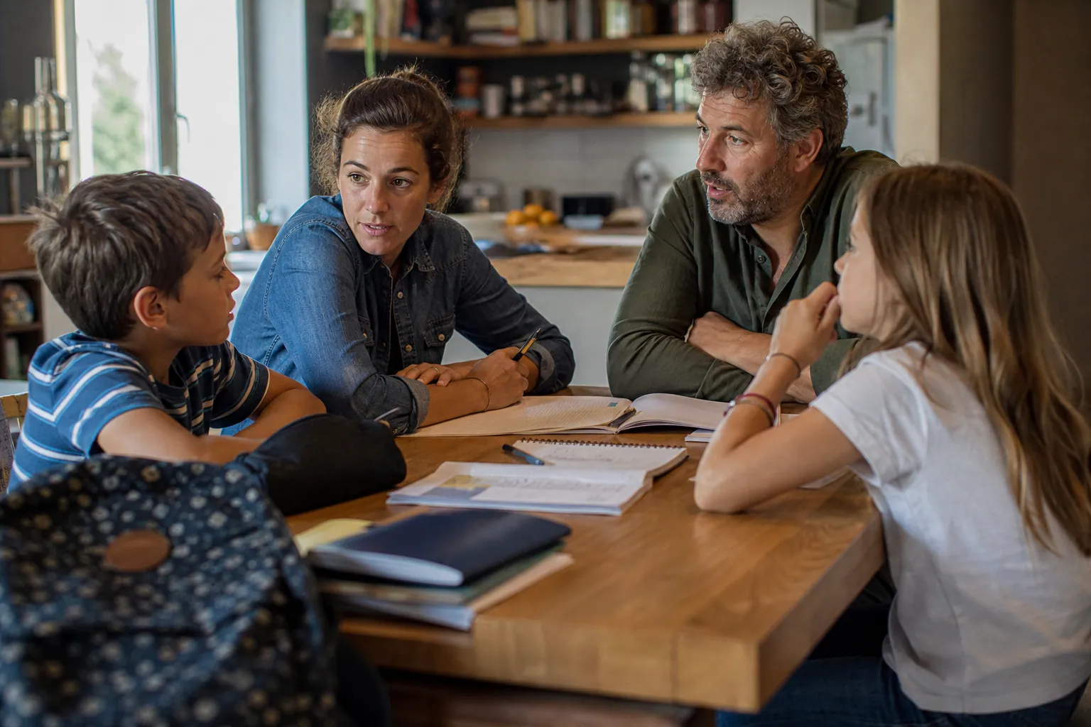 Famille française discutant des décisions du quotidien autour de la table