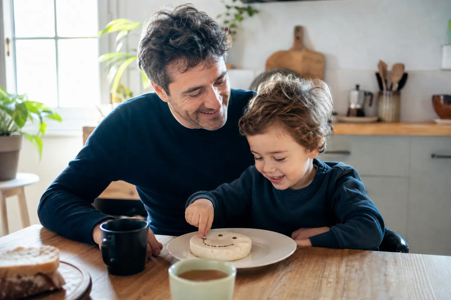 Un parent et un enfant à table devant un fromage souriant, dans une cuisine familiale lumineuse.