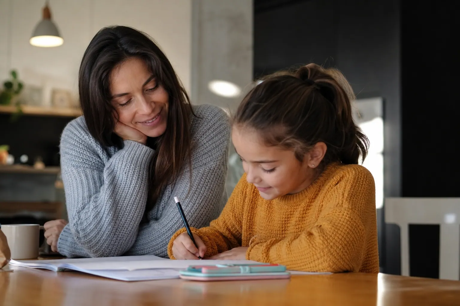 Parent et enfant assis ensemble à la maison, échange calme après une séparation familiale.