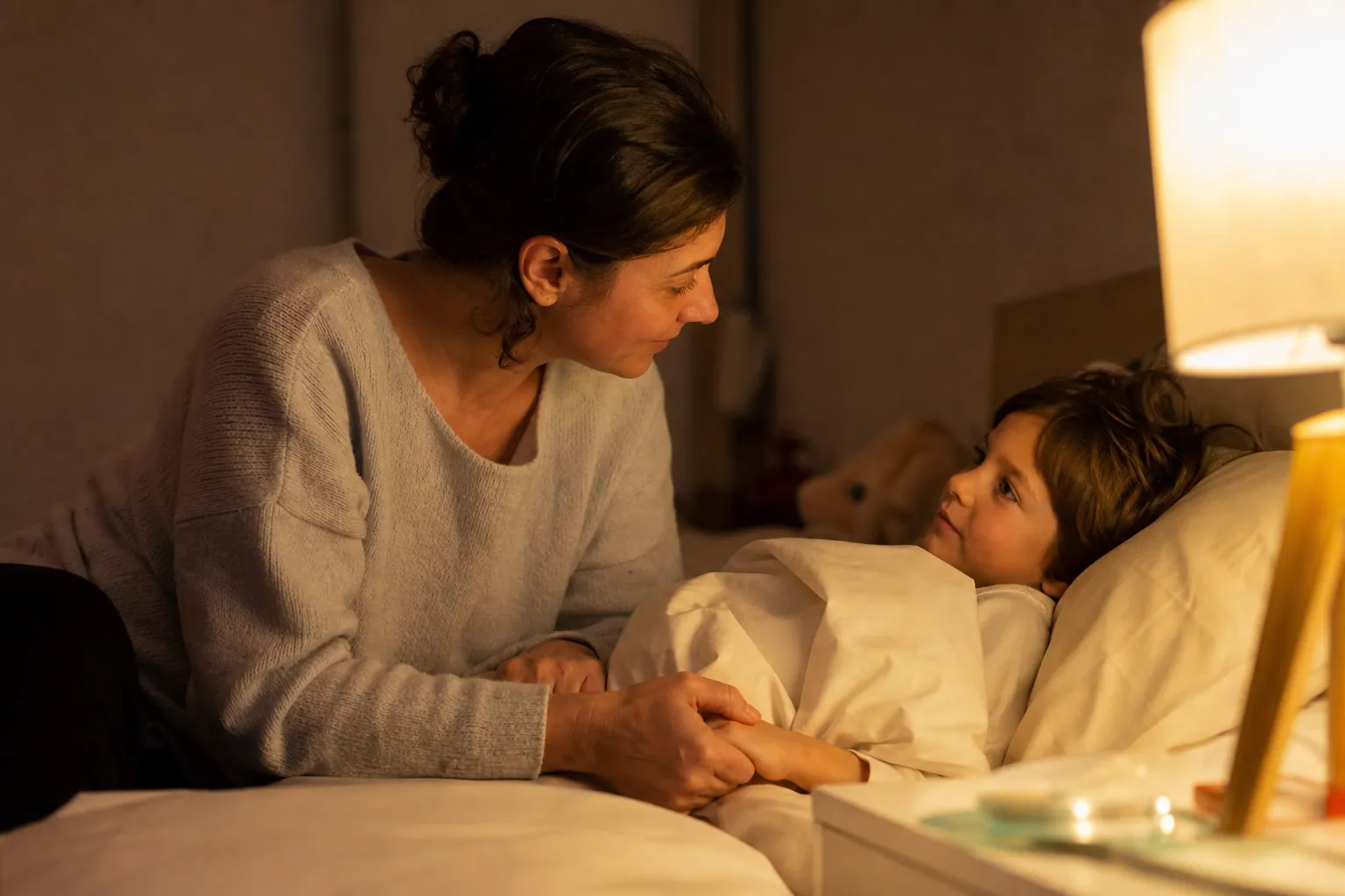 Un parent rassure son enfant au coucher dans une chambre douce et chaleureuse.