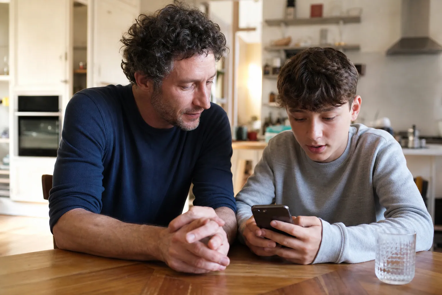 Parent et adolescent discutant calmement du téléphone à table dans une cuisine lumineuse