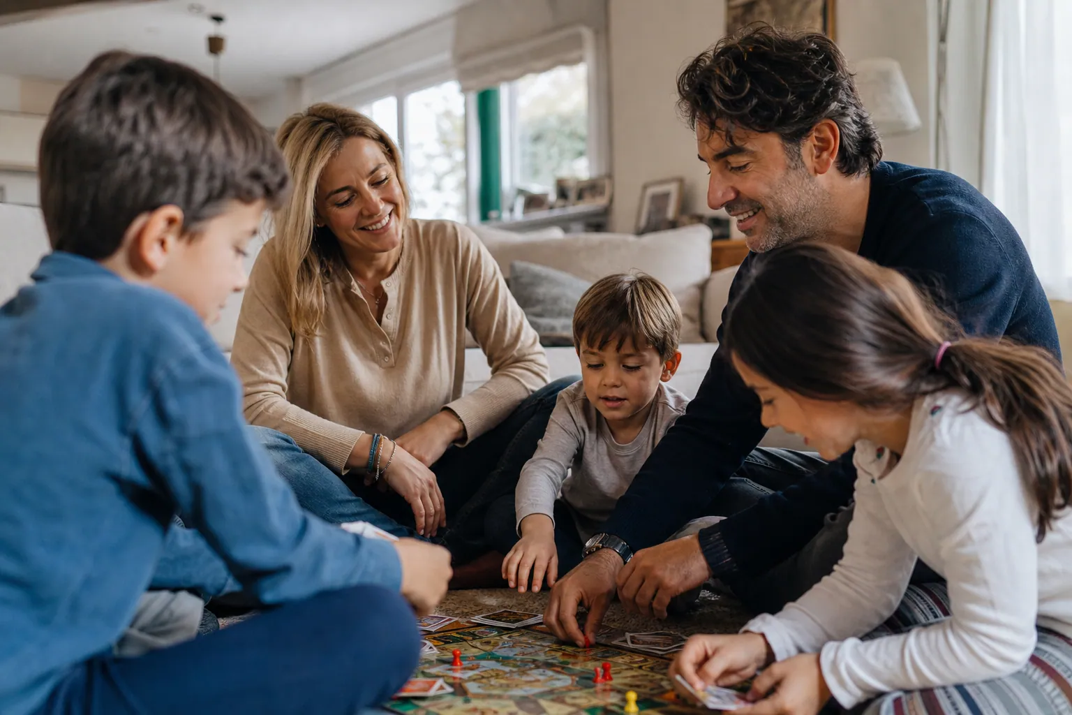Famille recomposée jouant ensemble dans un salon lumineux, dans une ambiance chaleureuse.