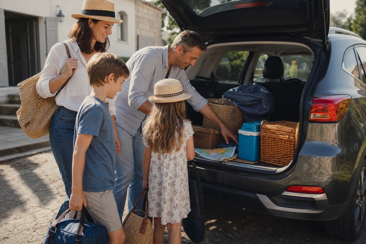 Famille française préparant la voiture avant un road trip