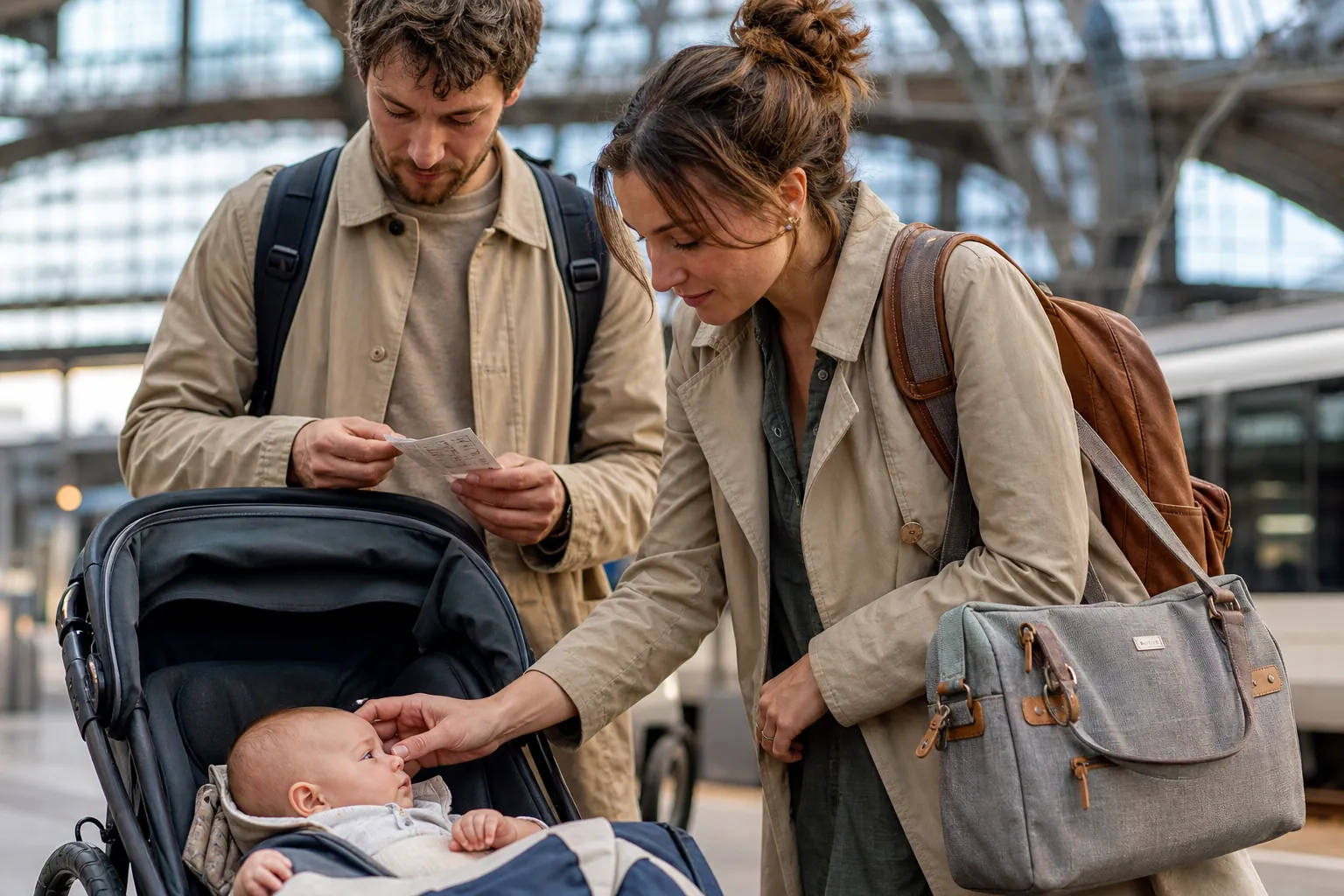 Parents français avec bébé prêt à partir en voyage, dans une gare lumineuse.